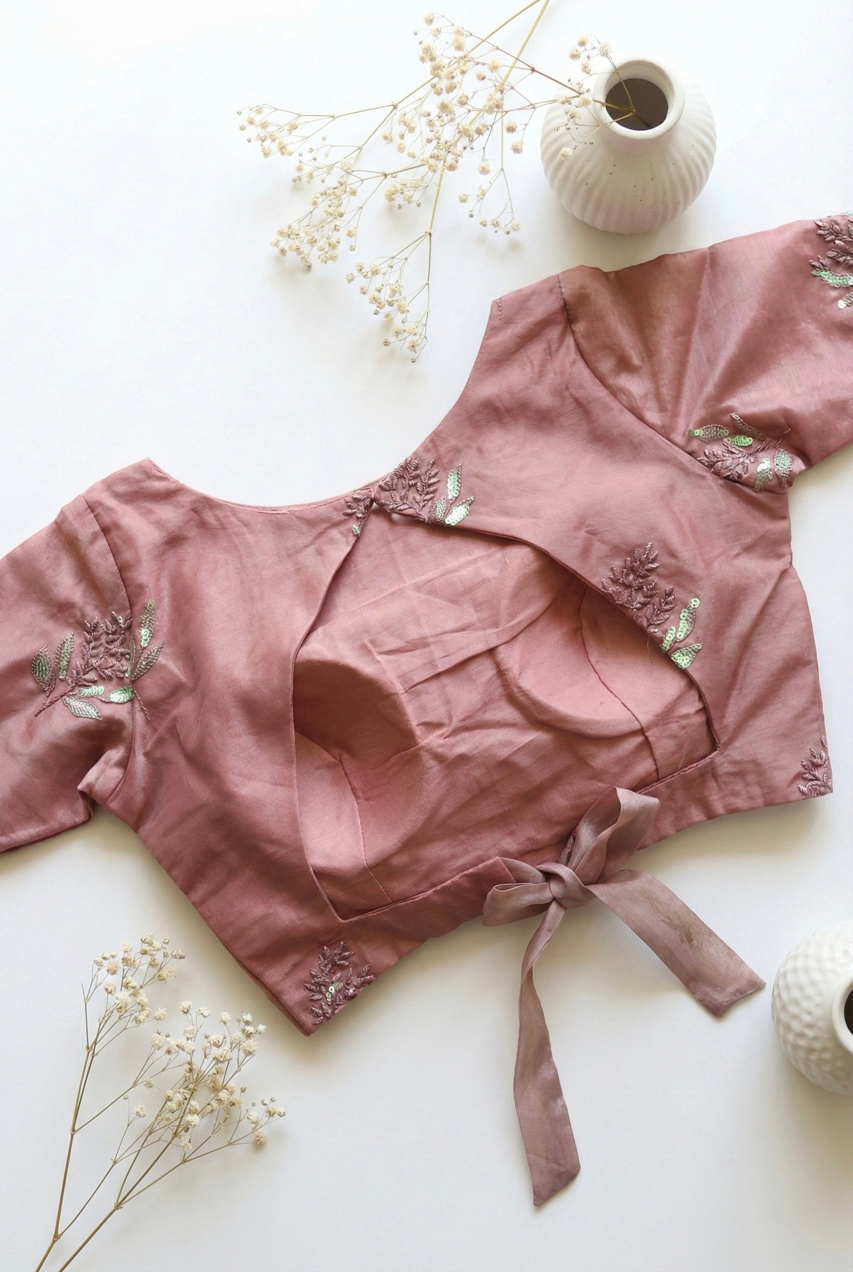 Organza Boat Neck Back Tie Blouse