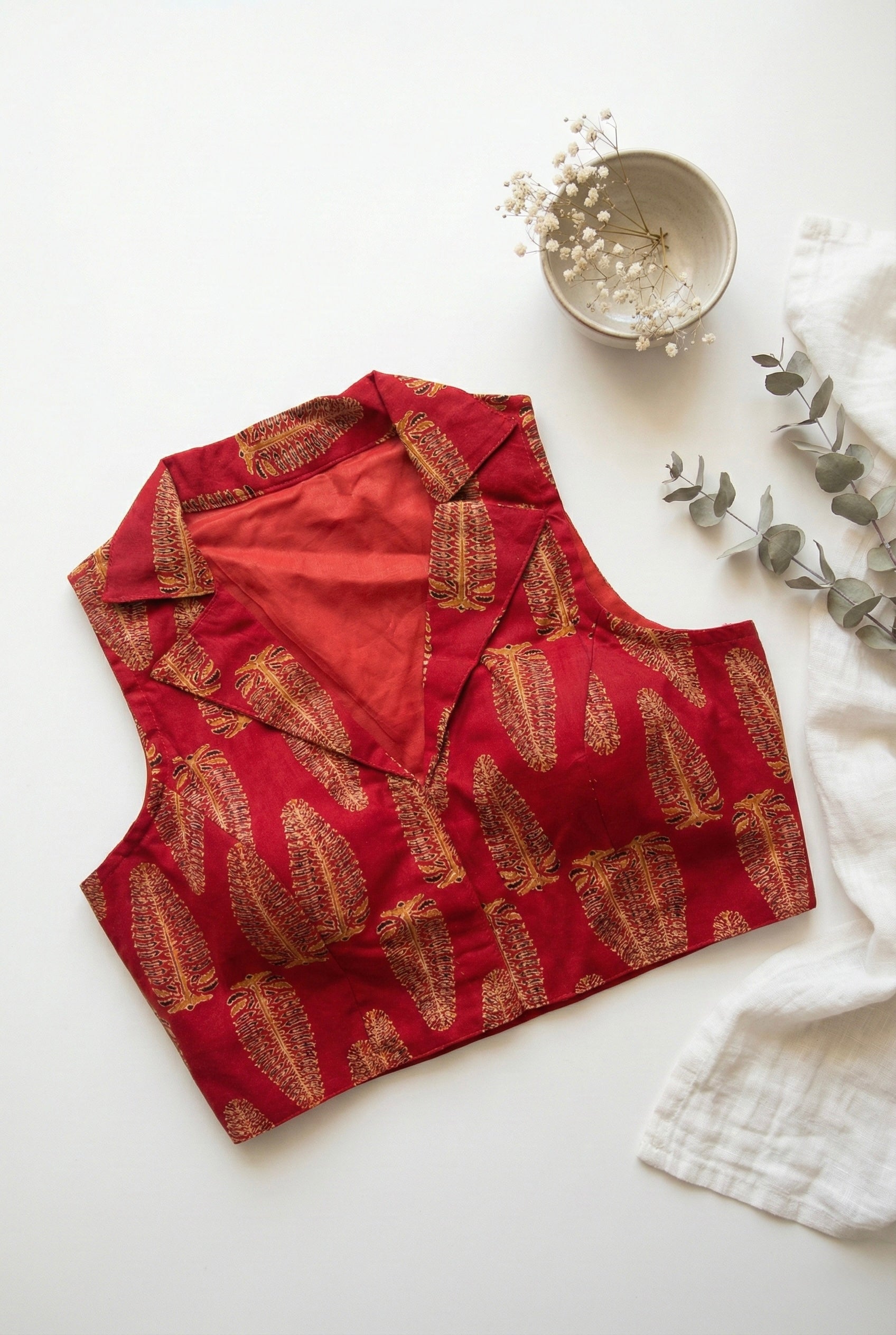 Ajrakh Cotton Sleeveless Notched Collared Padded Blouse