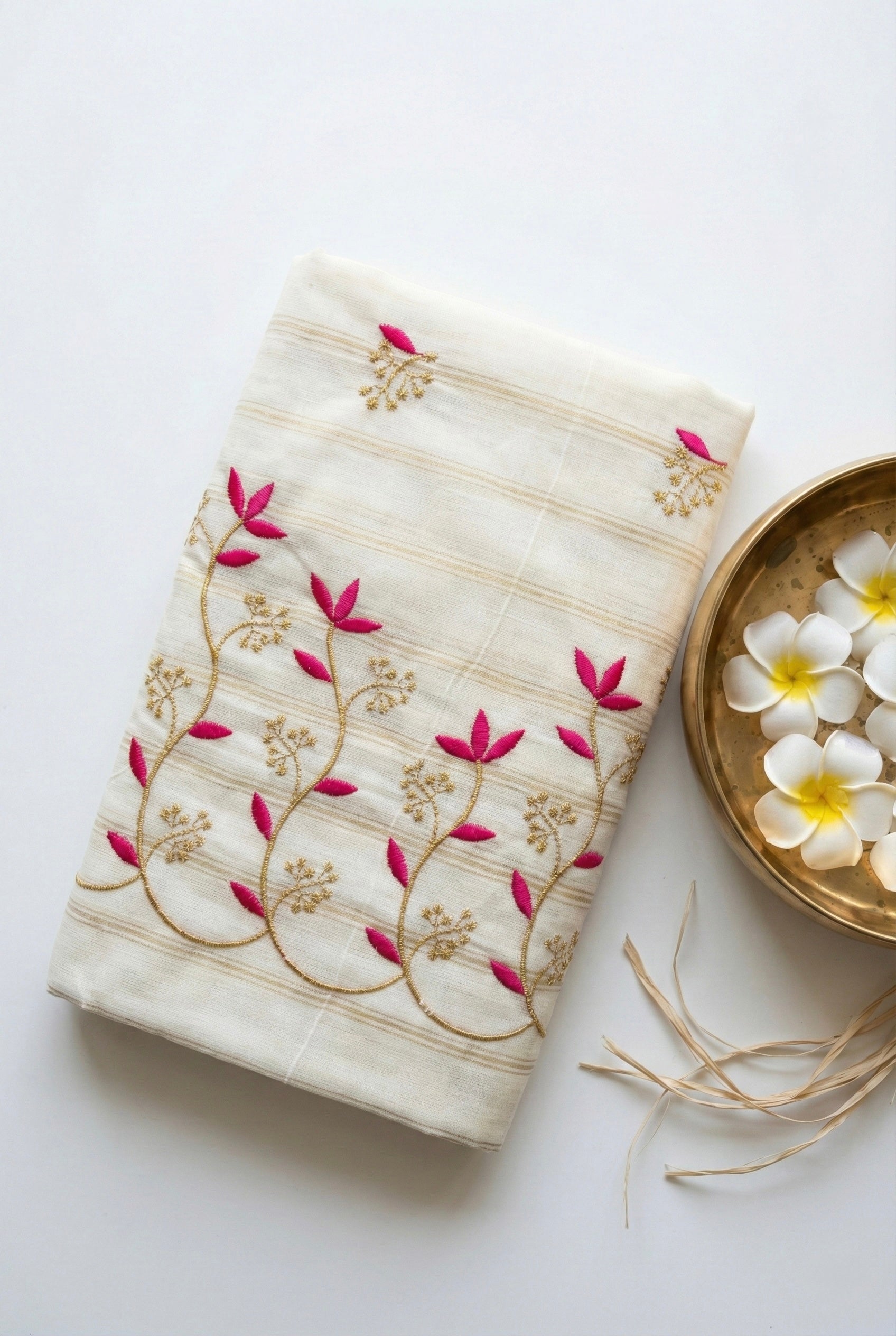 Kerala embroidered saree in gold stripes and thread work