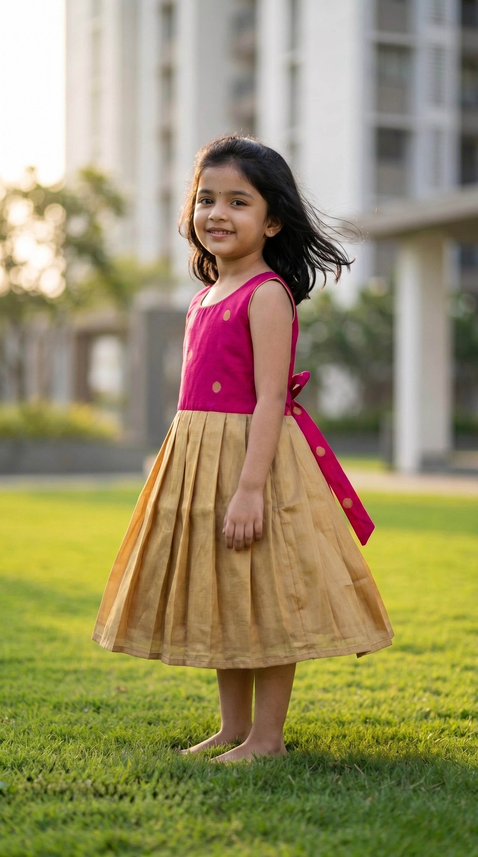 Pink & Gold pleated frock for girls