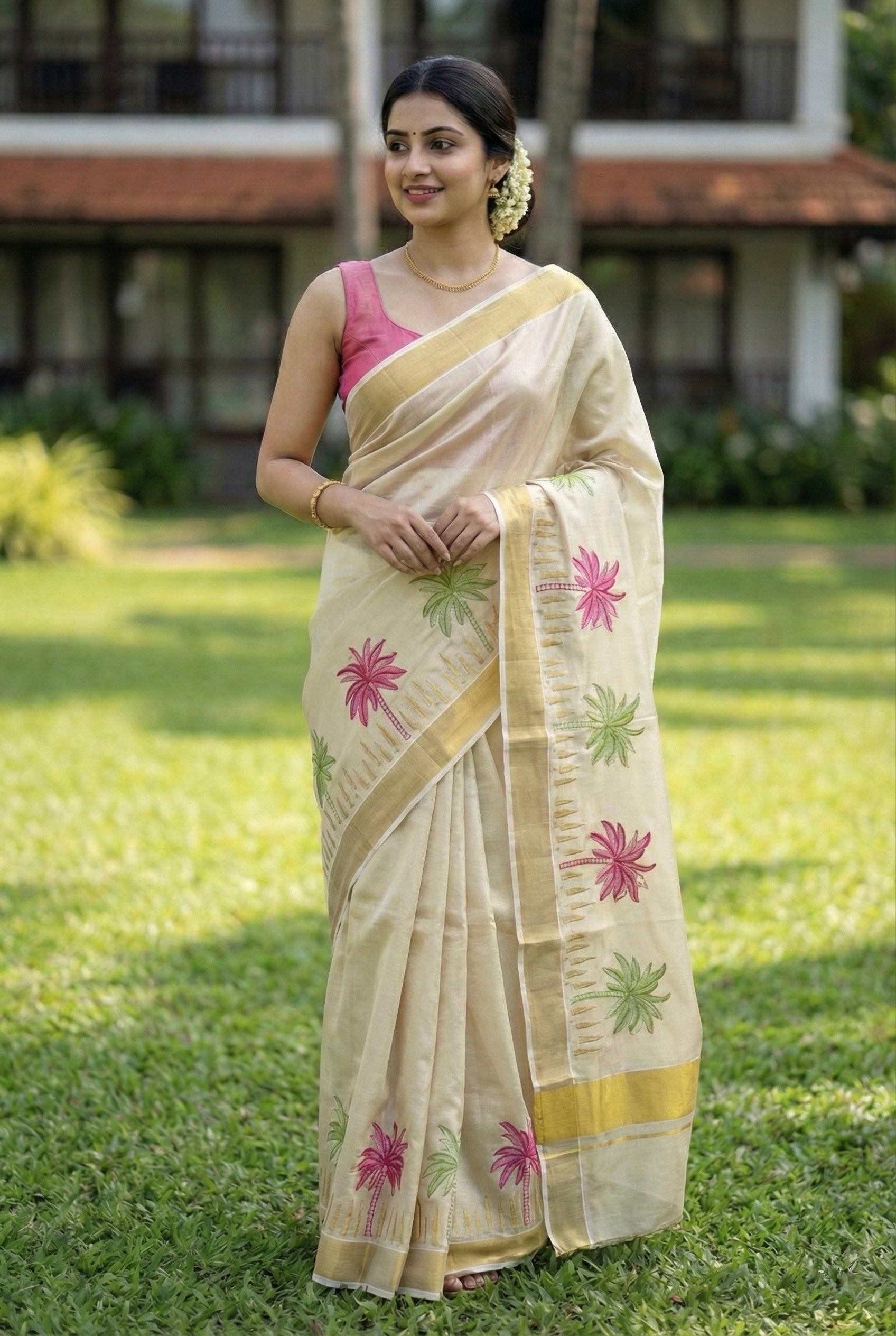Kerala kasavu saree with coconut tree embroidery