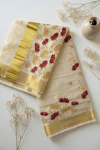 Kerala kasavu saree in tissue and lotus embroidery