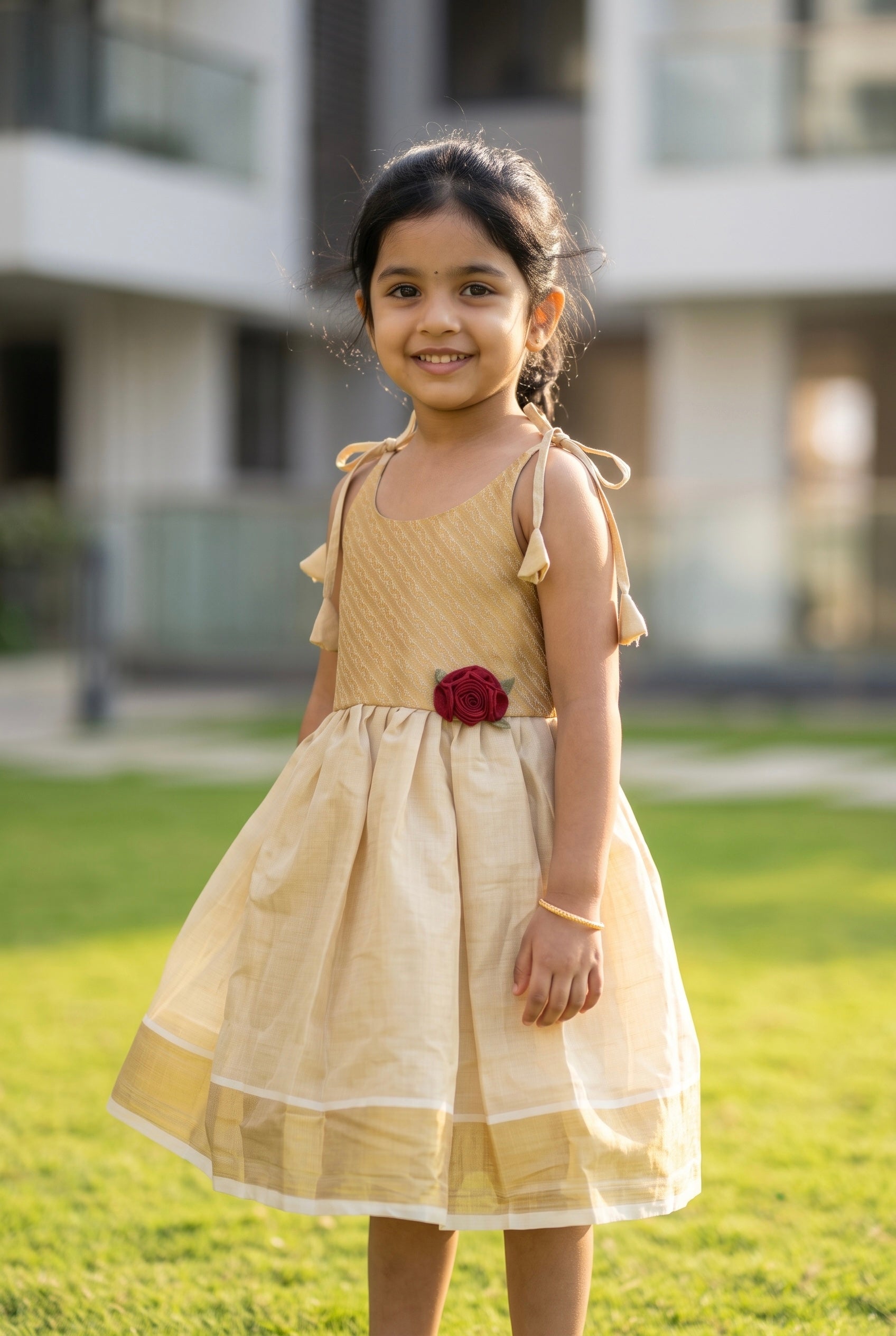 Rosa- Gold tissue ethnic frock with tie for girls