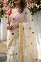Kerala kasavu saree with small flower embroidered motifs