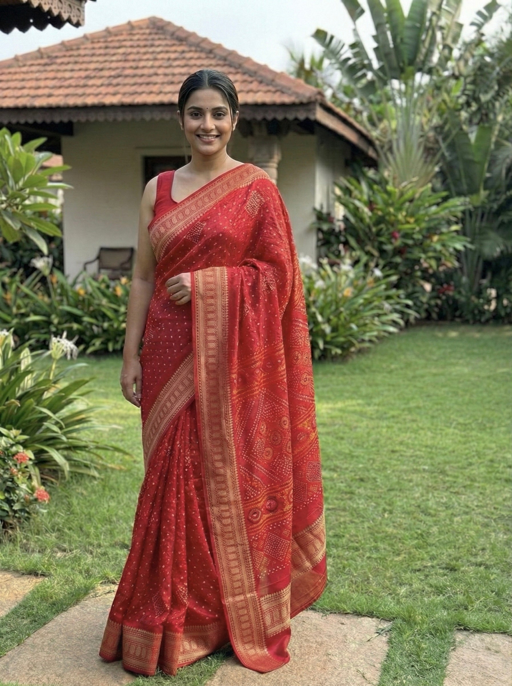 Dola silk saree with bandhani print