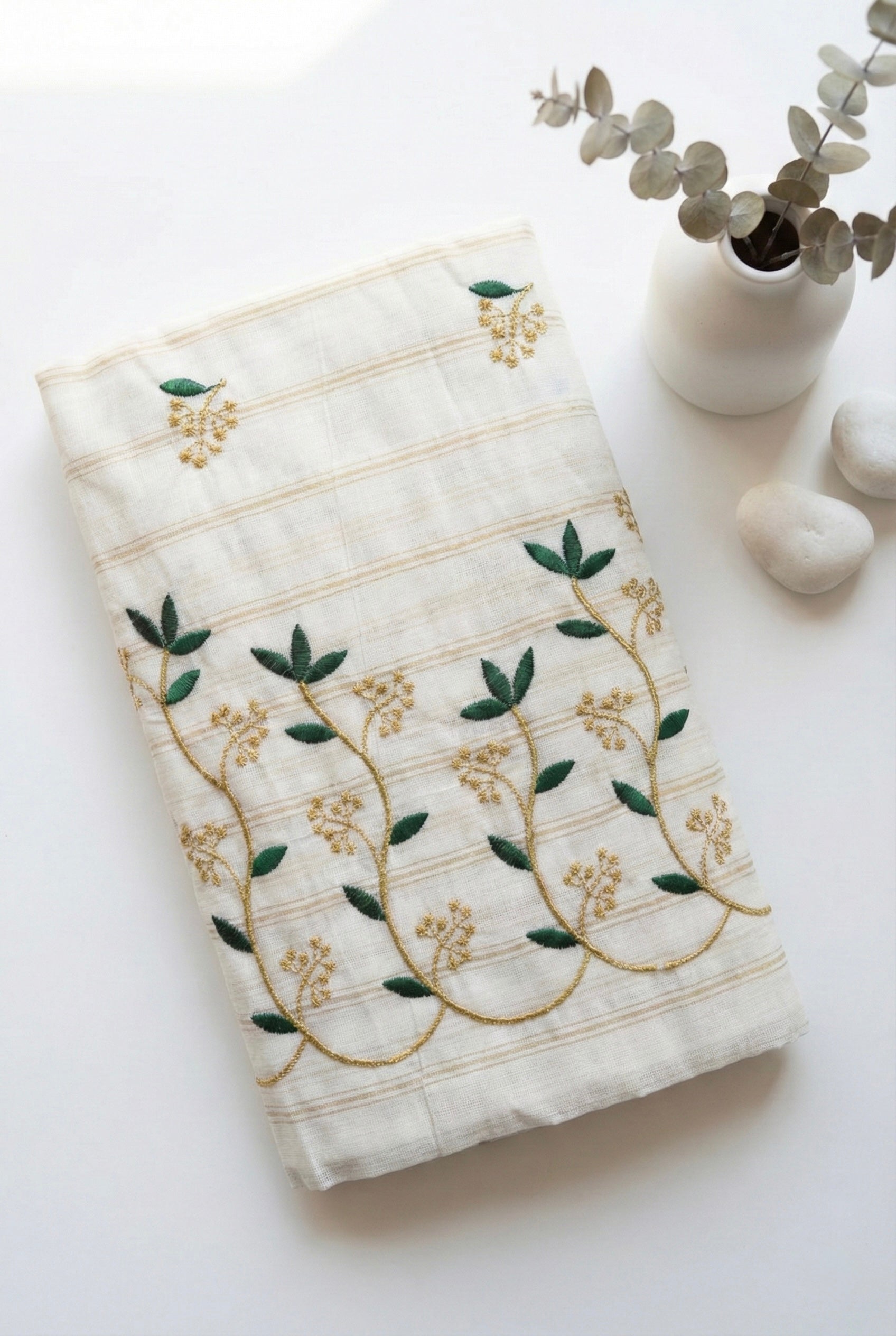 Kerala embroidered saree in gold stripes and thread work