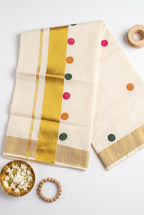 Bindu-Kerala kasavu saree with printed polka dots