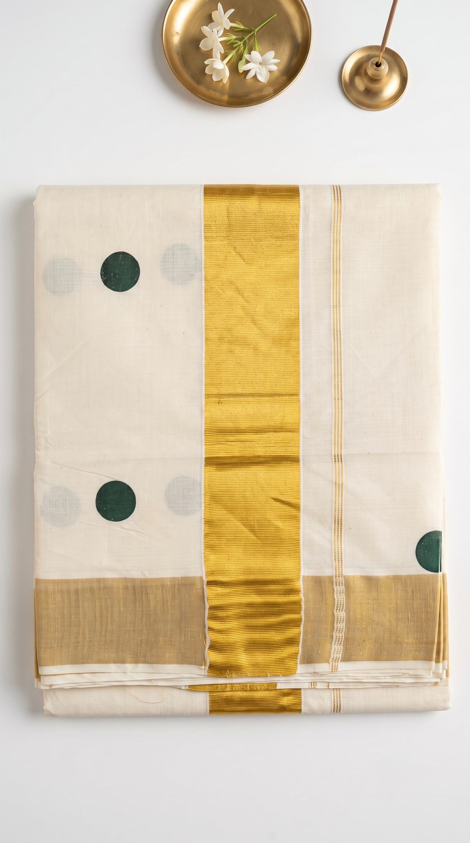 Bindu-Kerala kasavu saree with printed polka dots