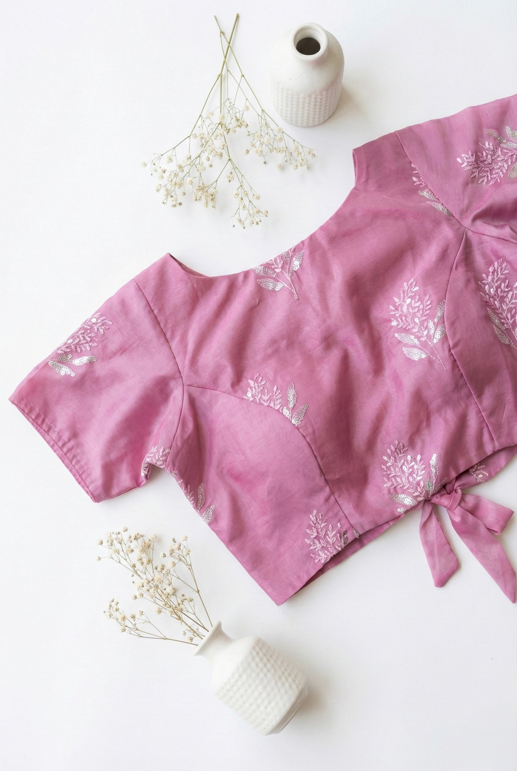 Organza Boat Neck Back Tie Blouse