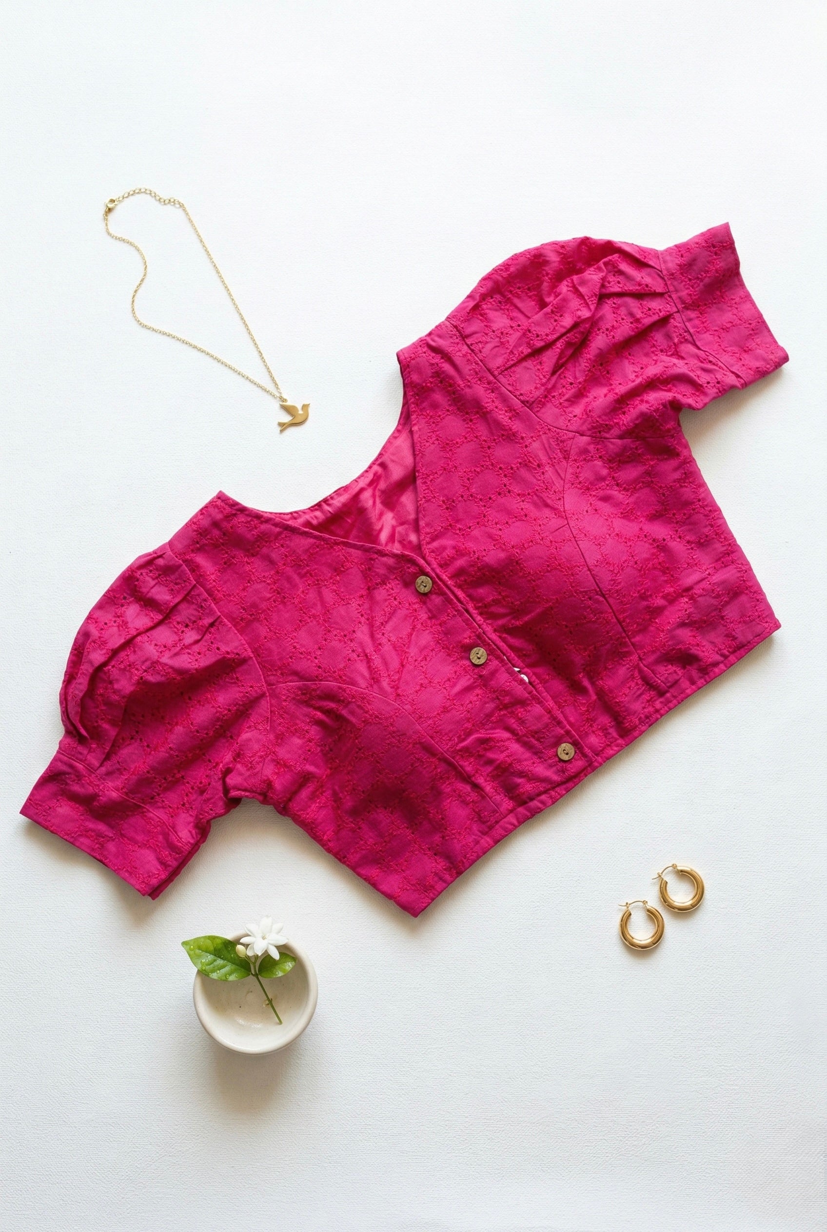 Hakoba V neck Puff Sleeve Solid Blouse