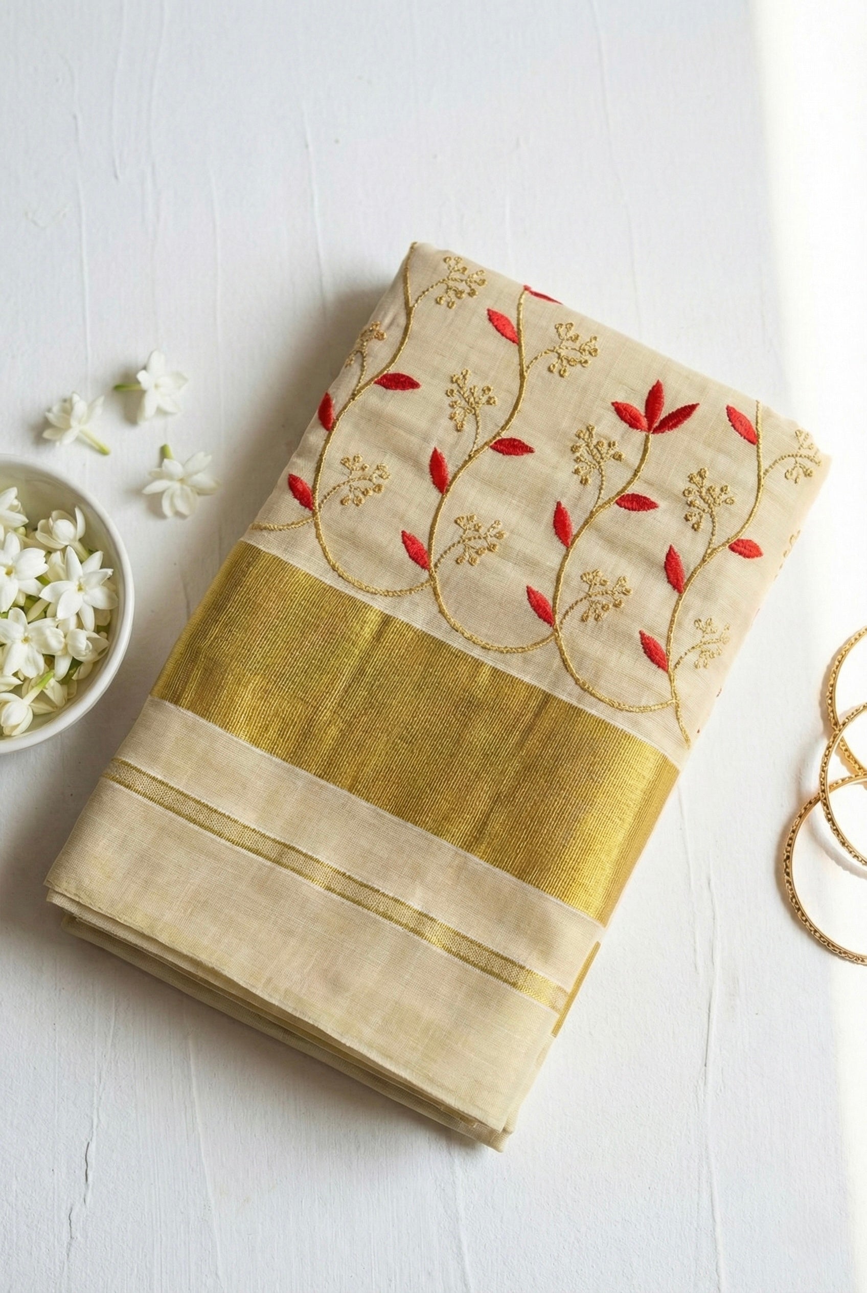 Kerala kasavu saree with gold zari and embroidery