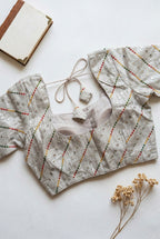 Multi colour thread and mirror embroidered tissue blouse