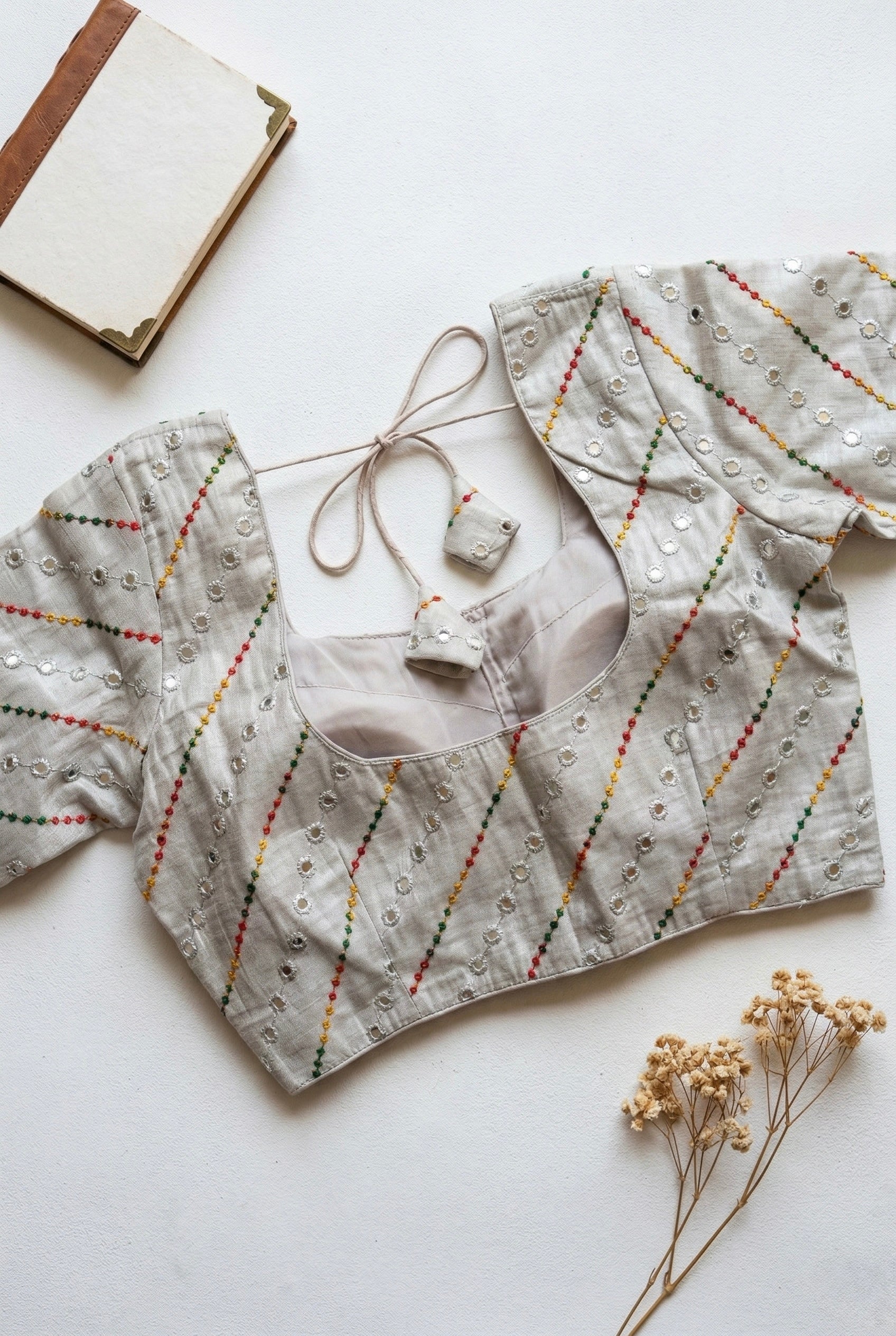 Multi colour thread and mirror embroidered tissue blouse