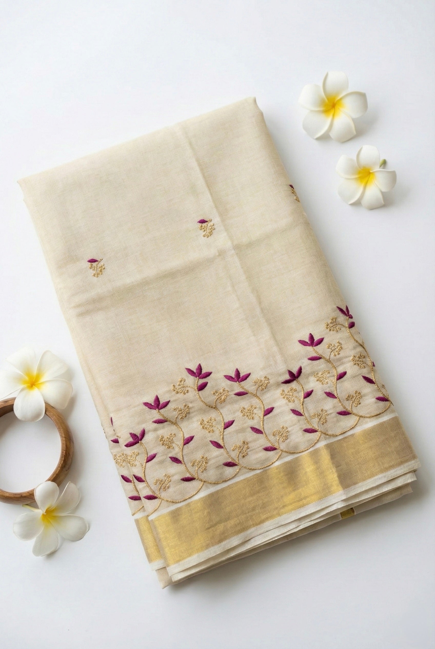 Kerala kasavu saree with gold zari and embroidery