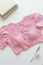 Hakoba V neck Puff Sleeve Solid Blouse