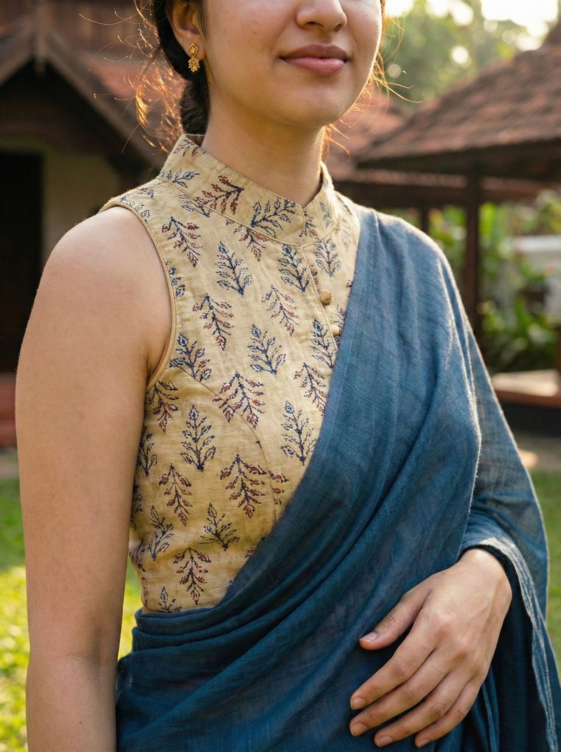 Ajrakh Cotton Mandarin Collared Padded Blouse