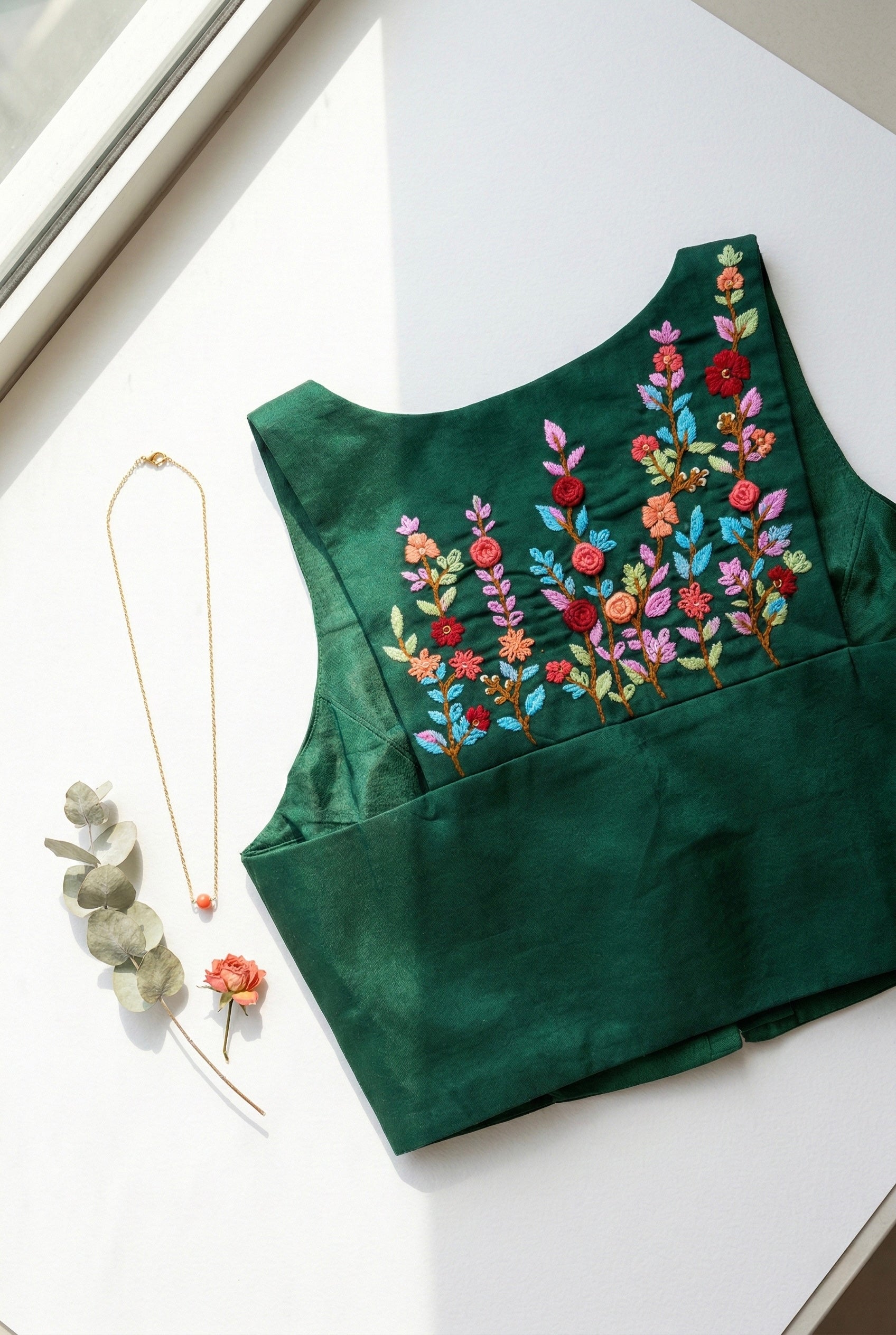 Thread and Bullion embroidered Sleeveless Padded Blouse