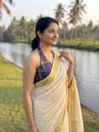 Vajram - Kerala kasavu saree in silver and gold micro checks pattern
