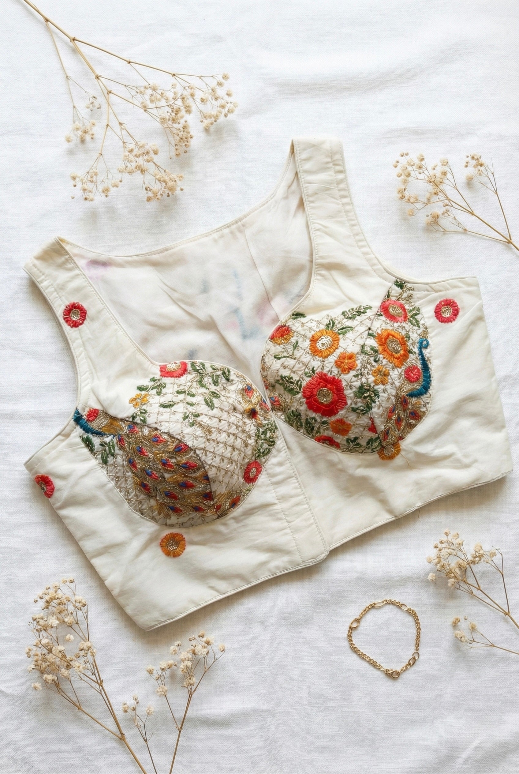 Khadi sweetheart neck blouse in peacock embroidery