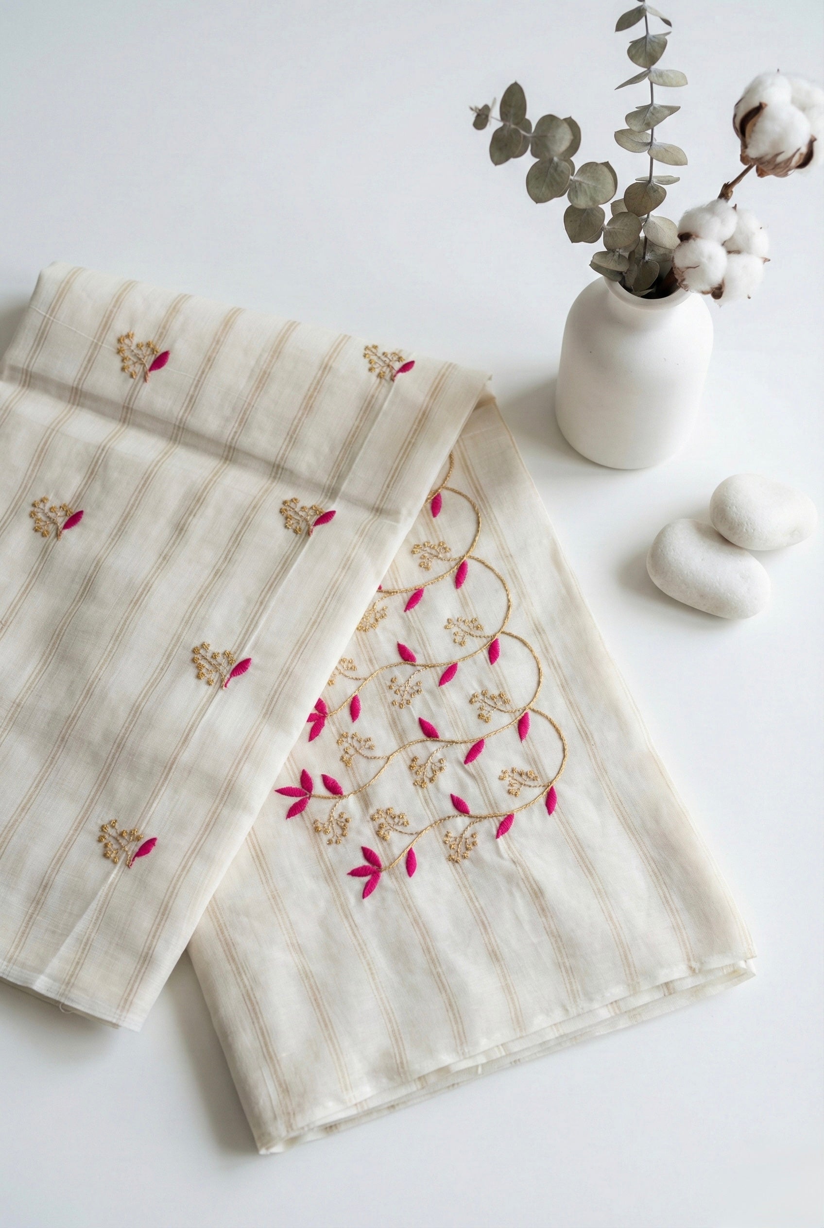 Kerala embroidered saree in gold stripes and thread work