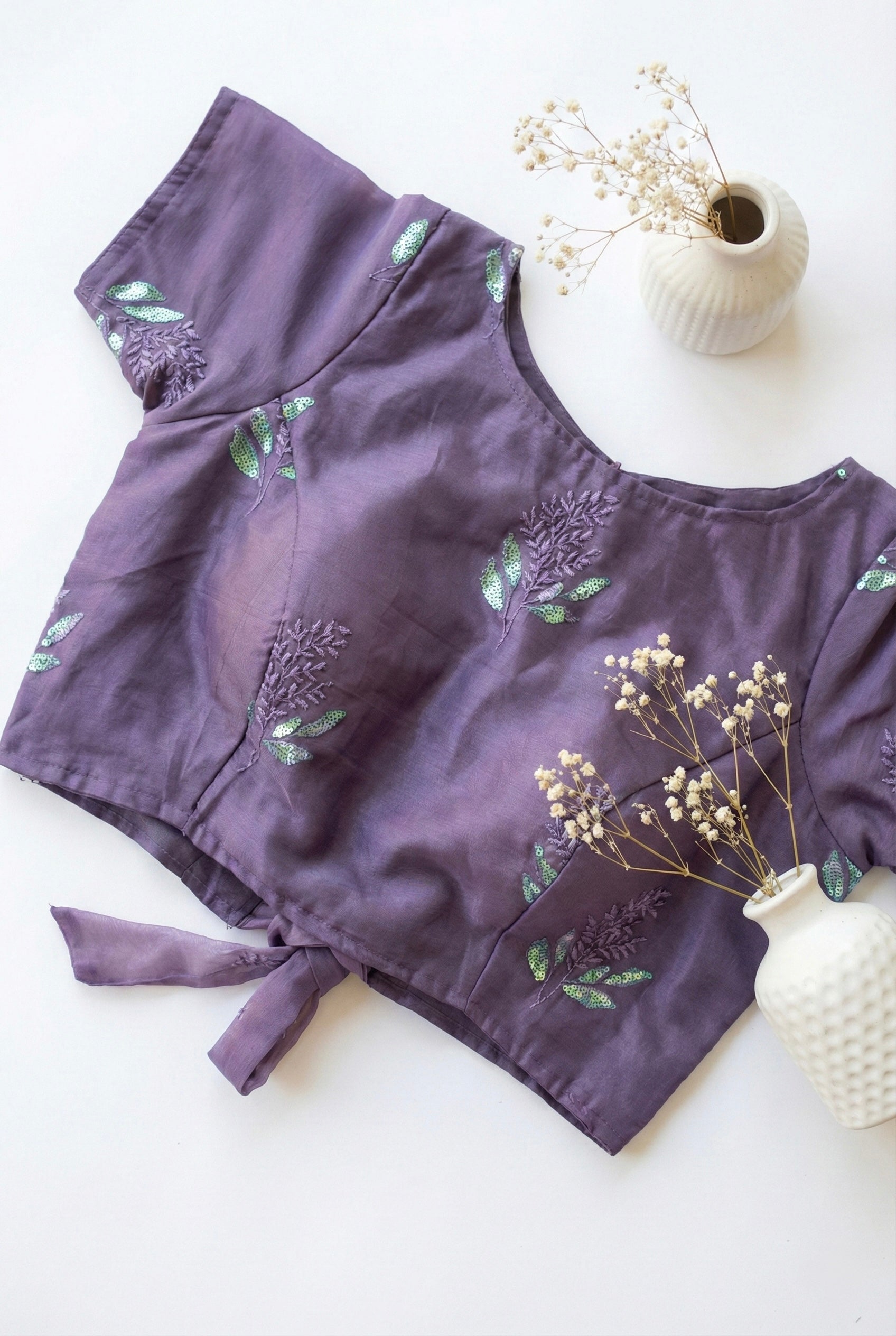 Organza Boat Neck Back Tie Blouse