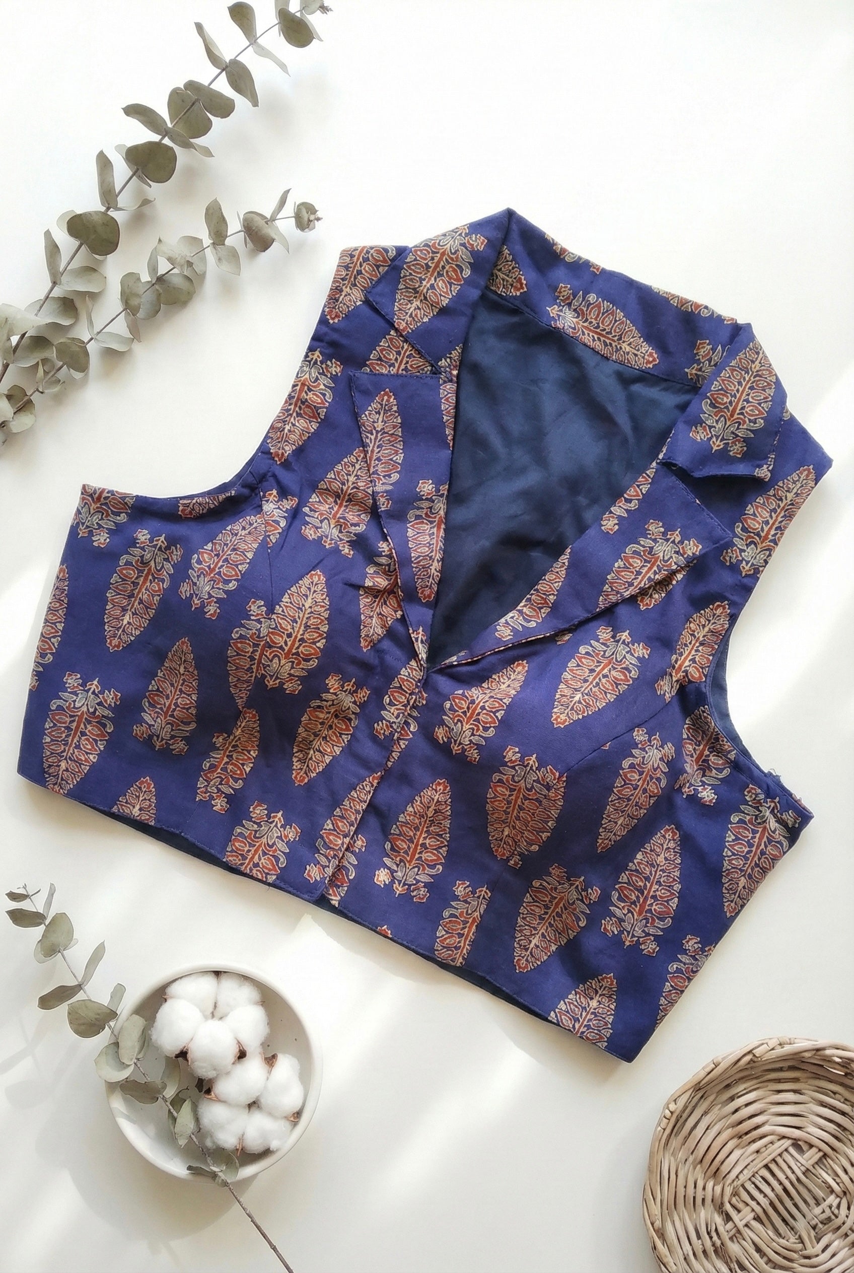 Ajrakh Cotton Sleeveless Notched Collared Padded Blouse