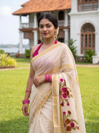 Alekhya - Kerala kasavu saree with handpainted floral bouquet design