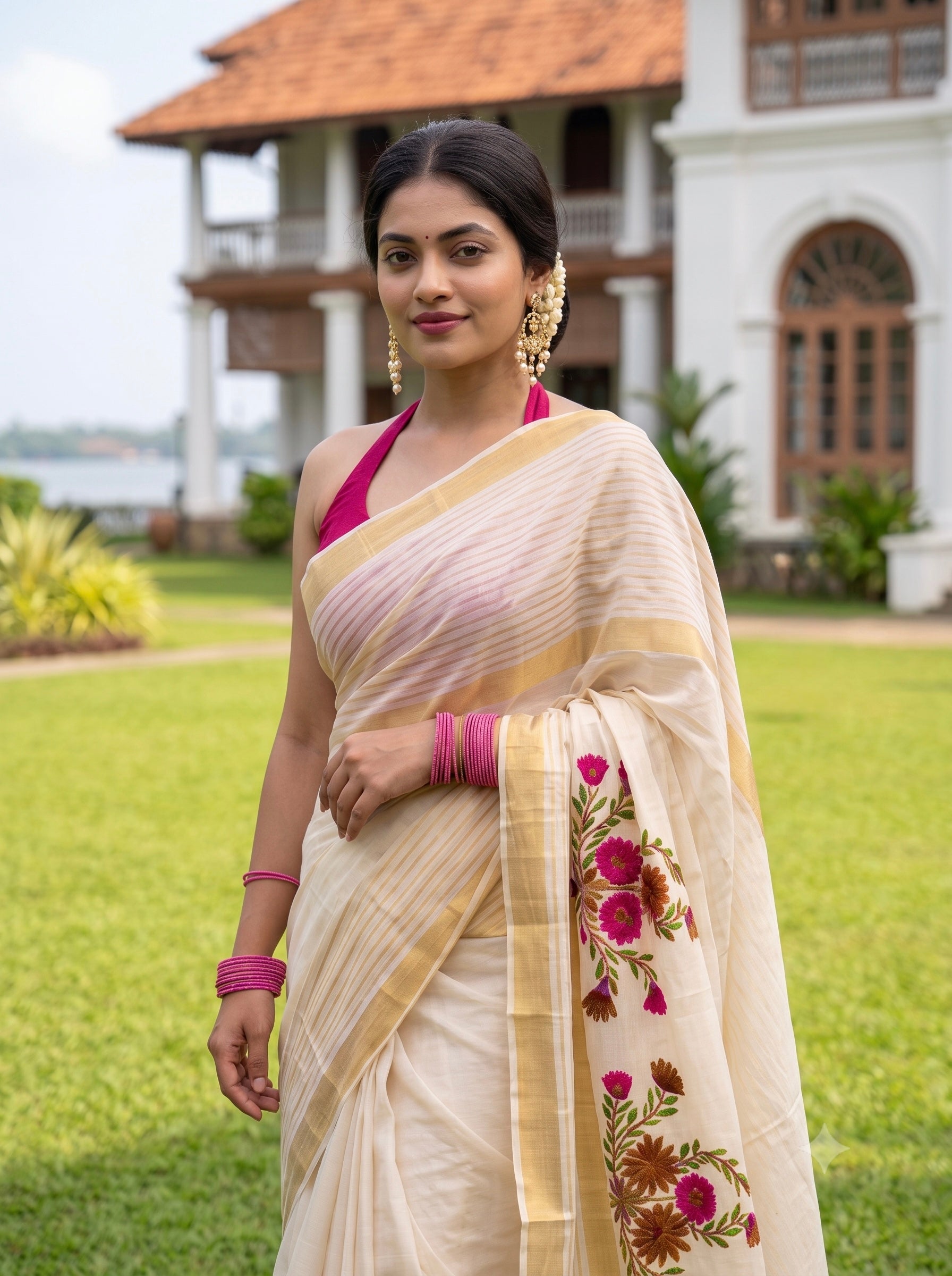 Alekhya - Kerala kasavu saree with handpainted floral bouquet design