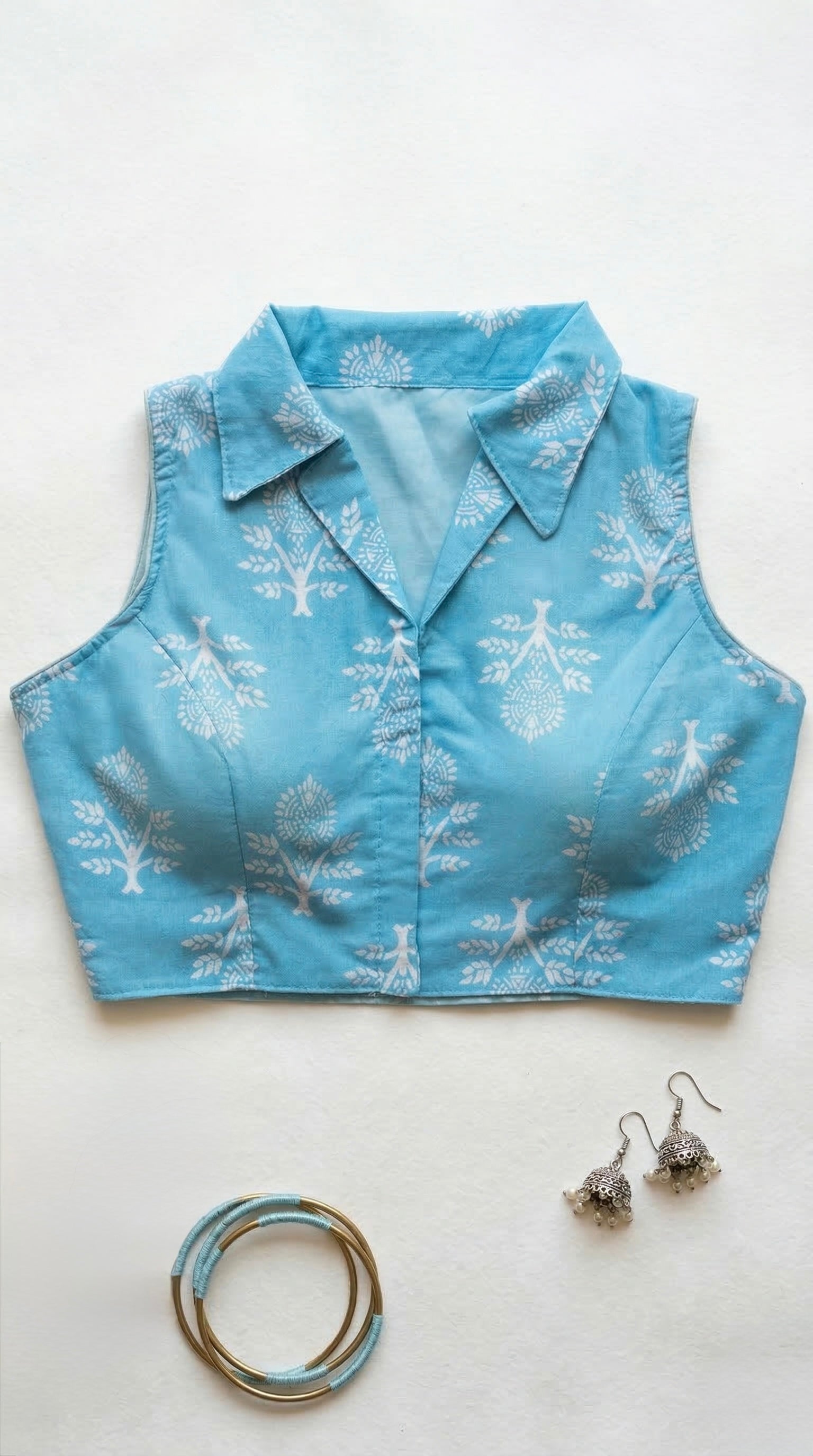 Jal - Aqua Blue Jaipur print collared blouse