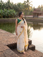 Kerala kasavu saree with printed polka dots