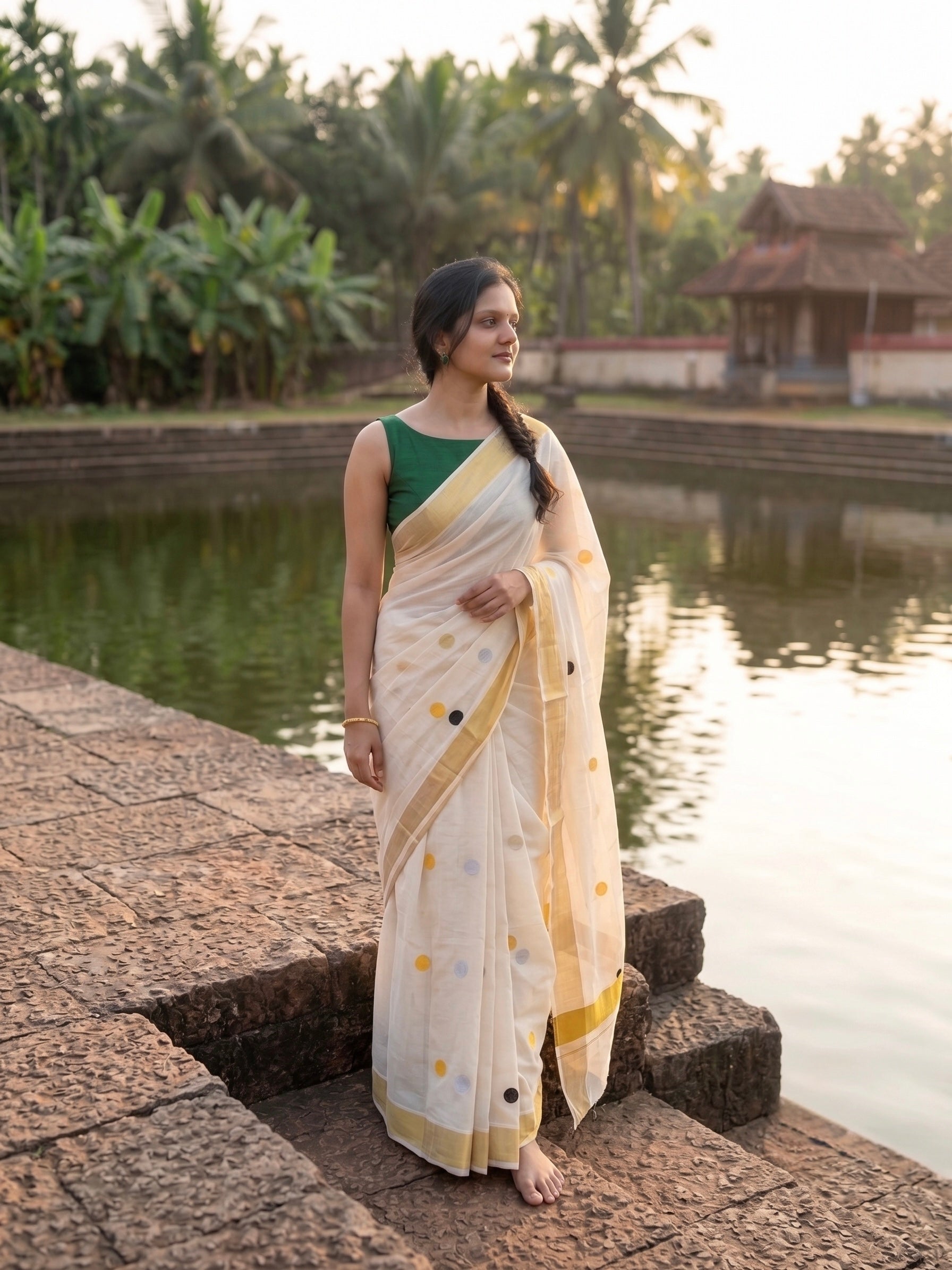 Kerala kasavu saree with printed polka dots