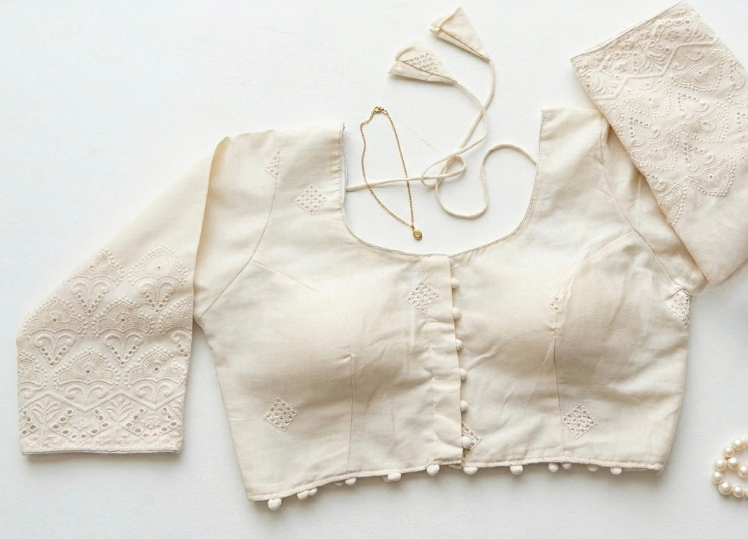 Cotton 3/4th sleeve blouse with chikan work on sleeves