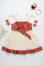 Roohi - Cotton and Brocade Red ethnic frock with tie for girls