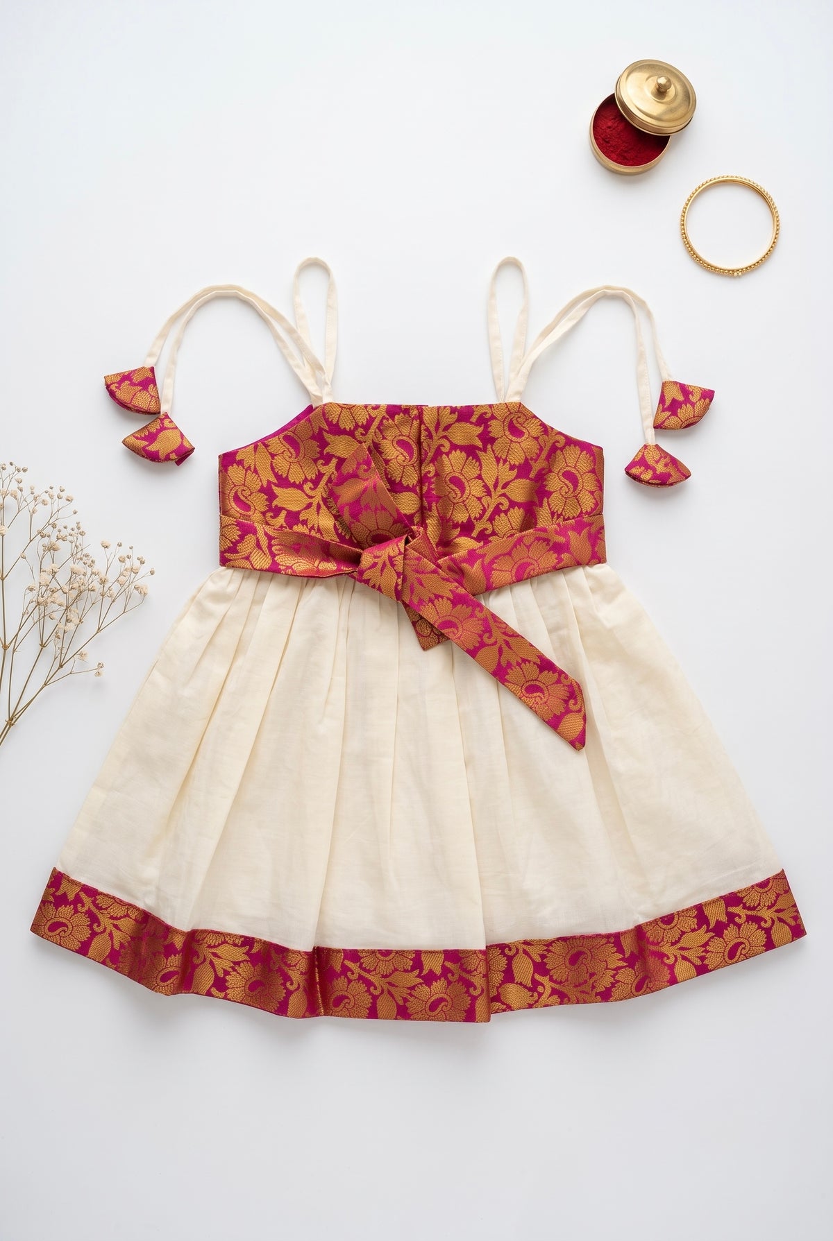 Roohi - Cotton and Brocade Red ethnic frock with tie for girls