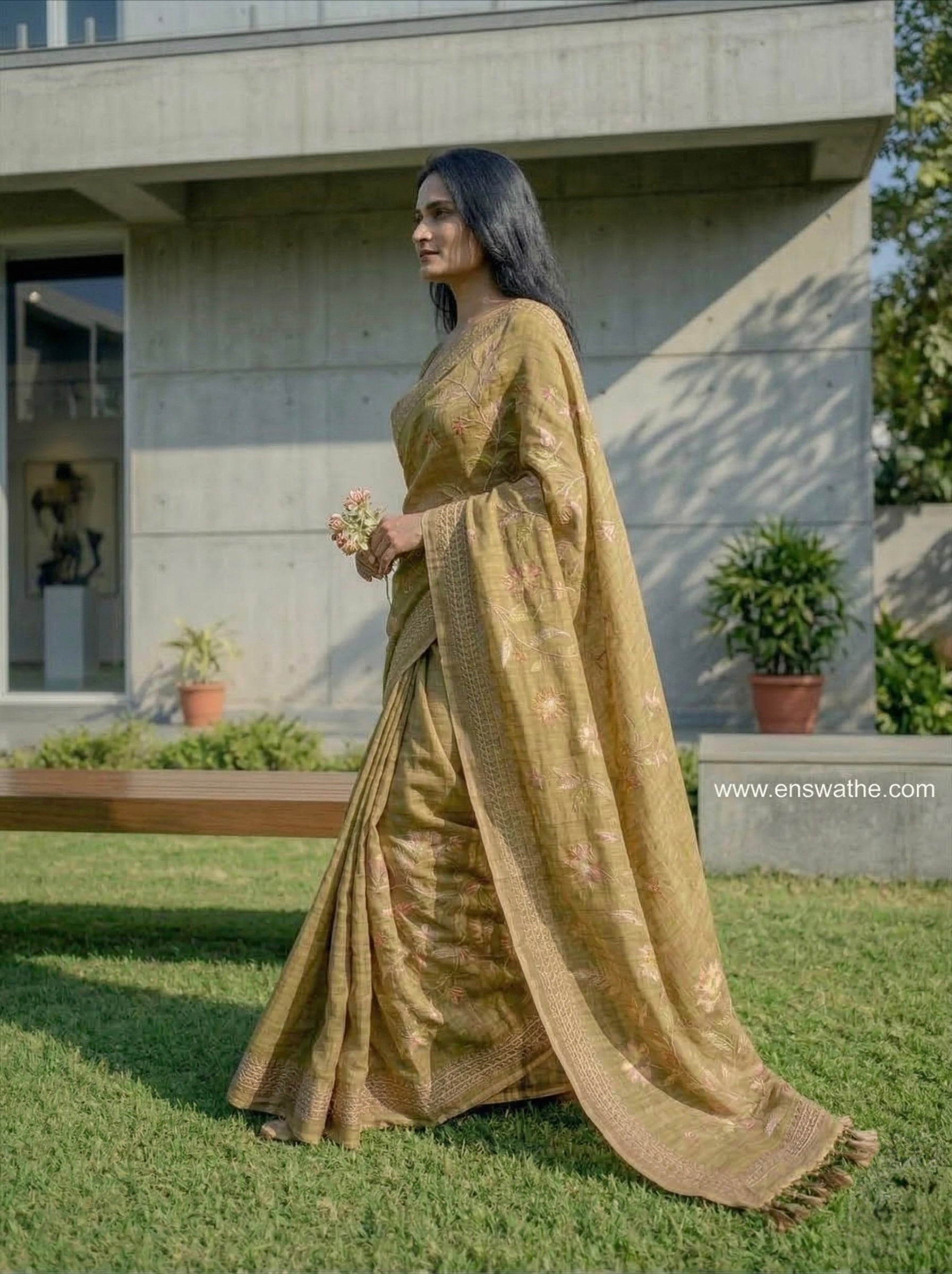 Linen tissue saree in zari work-Mustard Yellow
