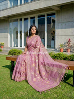 Linen tissue saree in zari work-Onion Pink