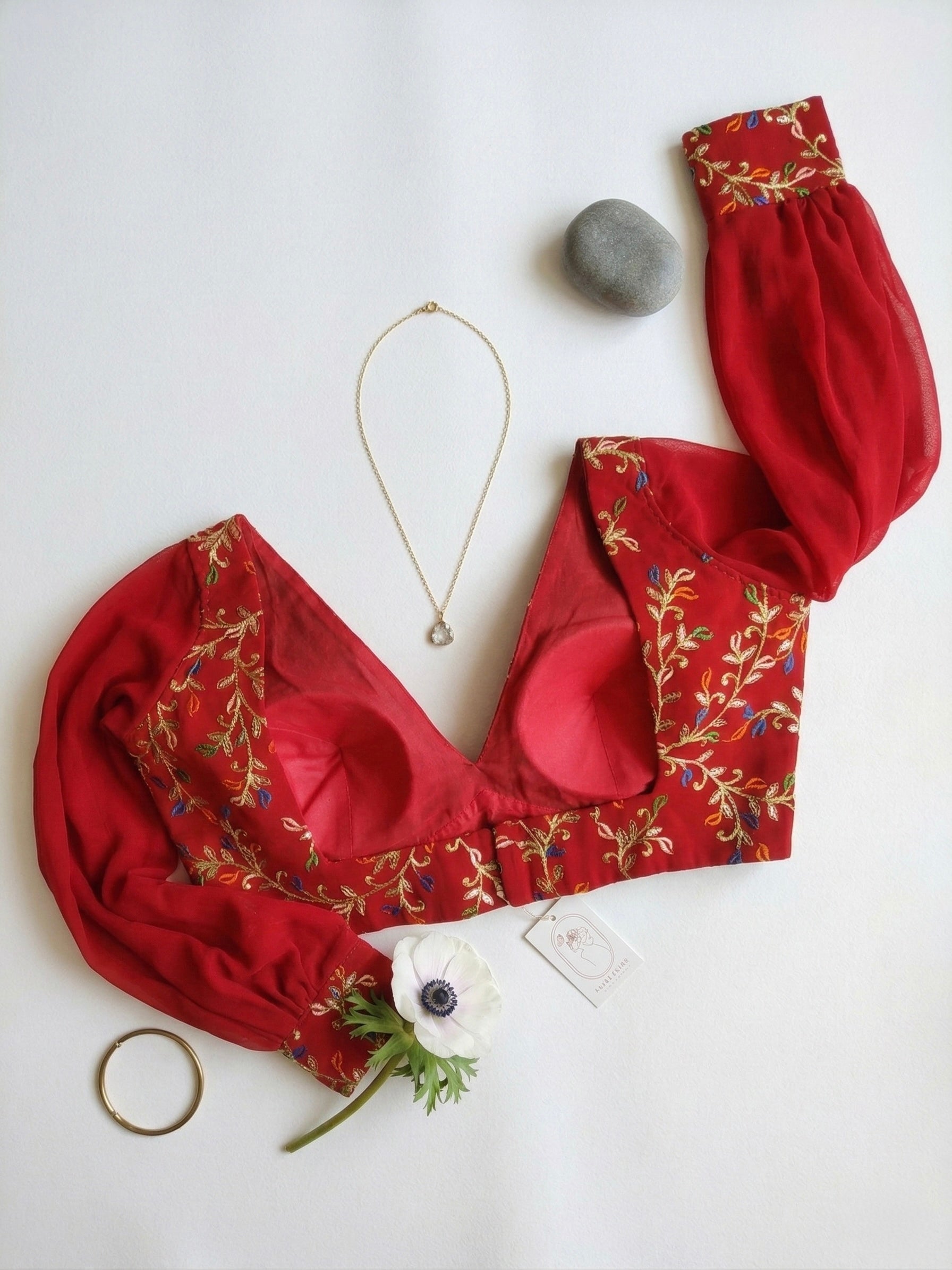 Deep V neck Bishop Sleeves Embroidered Blouse