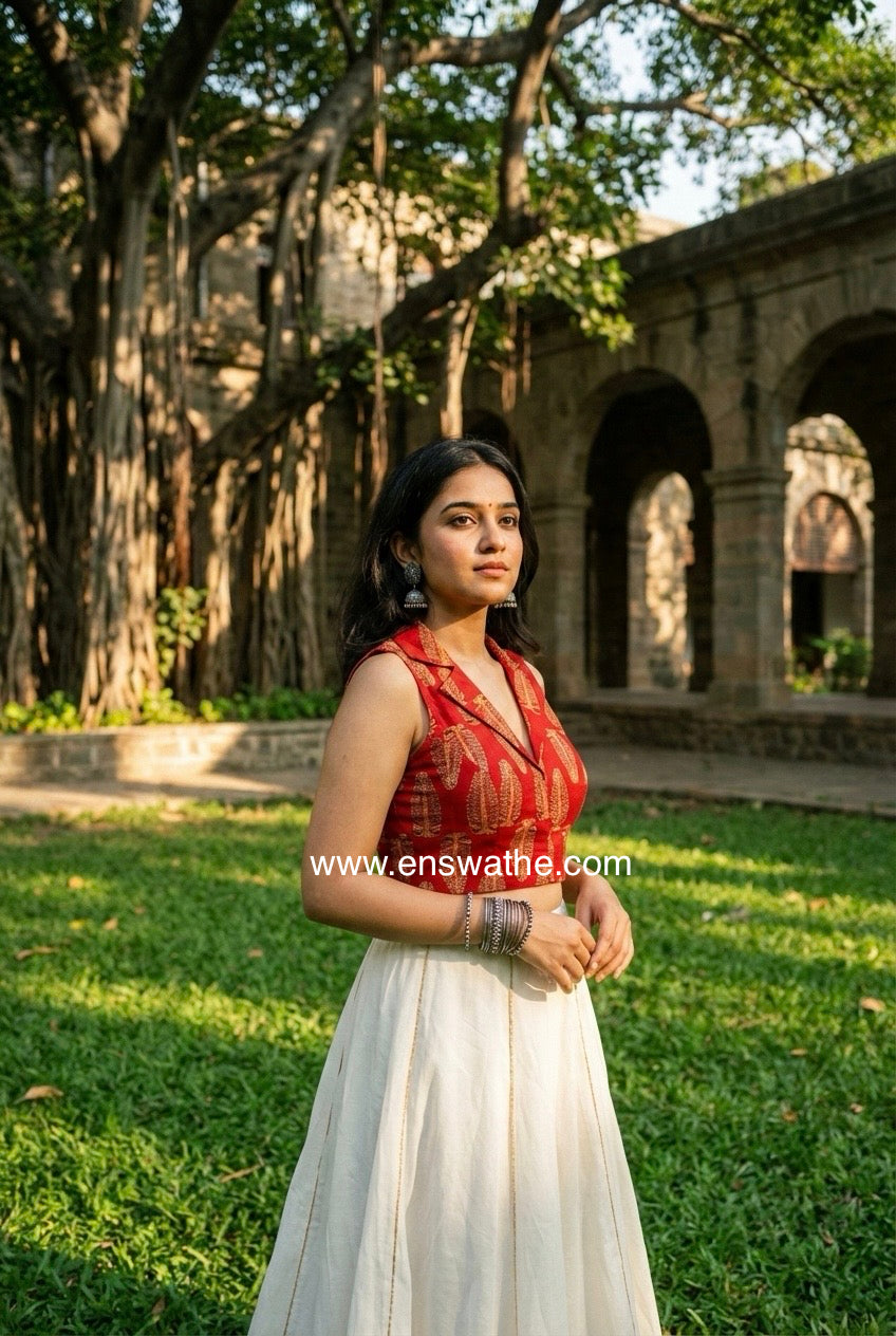 Ajrakh Cotton Sleeveless Notched Collared Padded Blouse