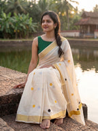 Kerala kasavu saree with printed polka dots