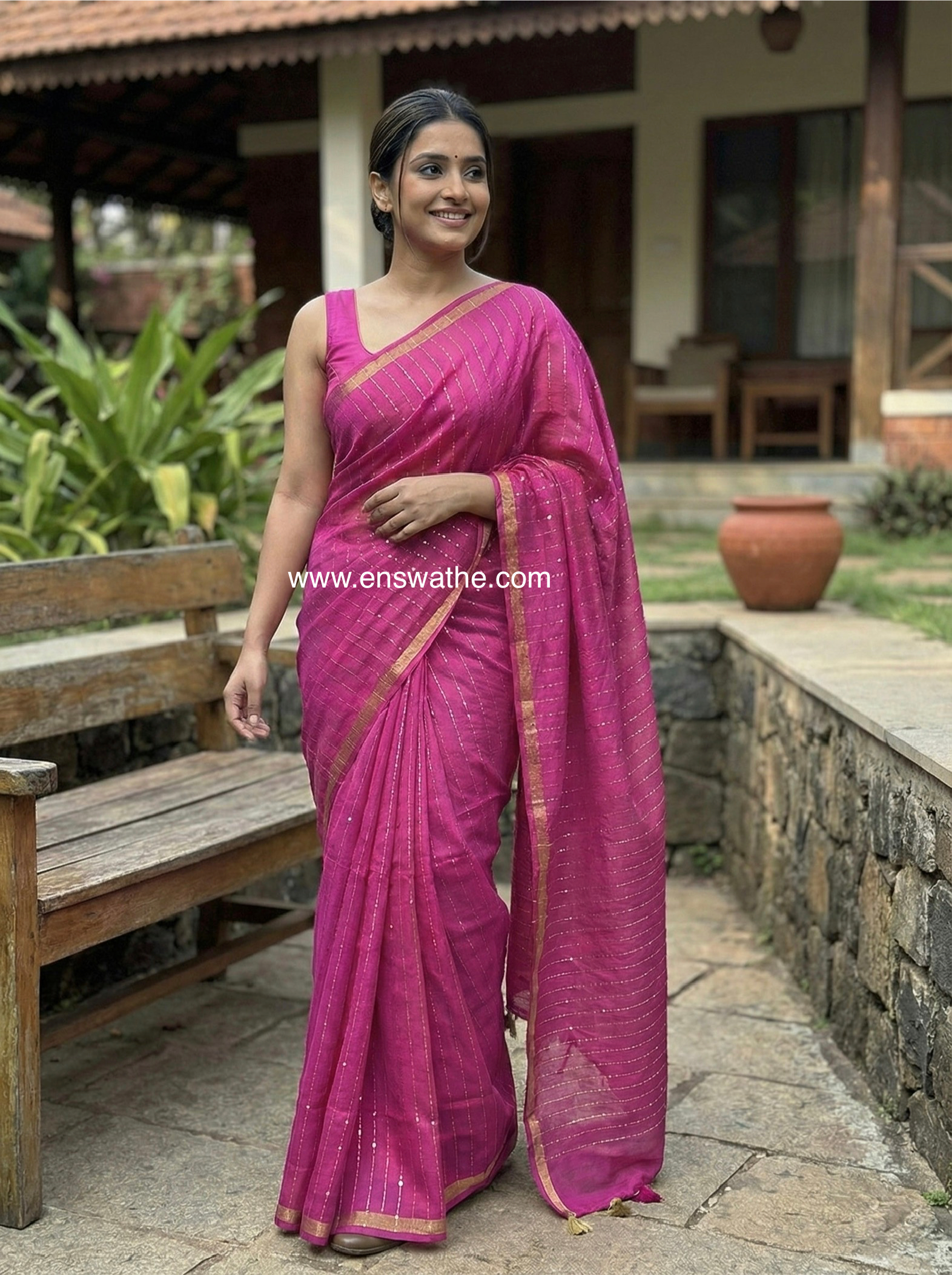 Cotton Silk Saree with gold zari stripes & sequin pallu