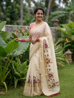 Kerala kasavu saree with handpainted floral bouquet design