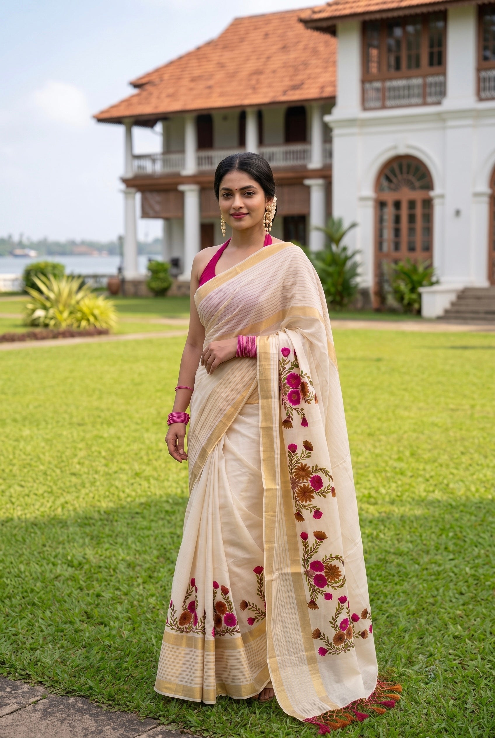 Alekhya - Kerala kasavu saree with handpainted floral bouquet design