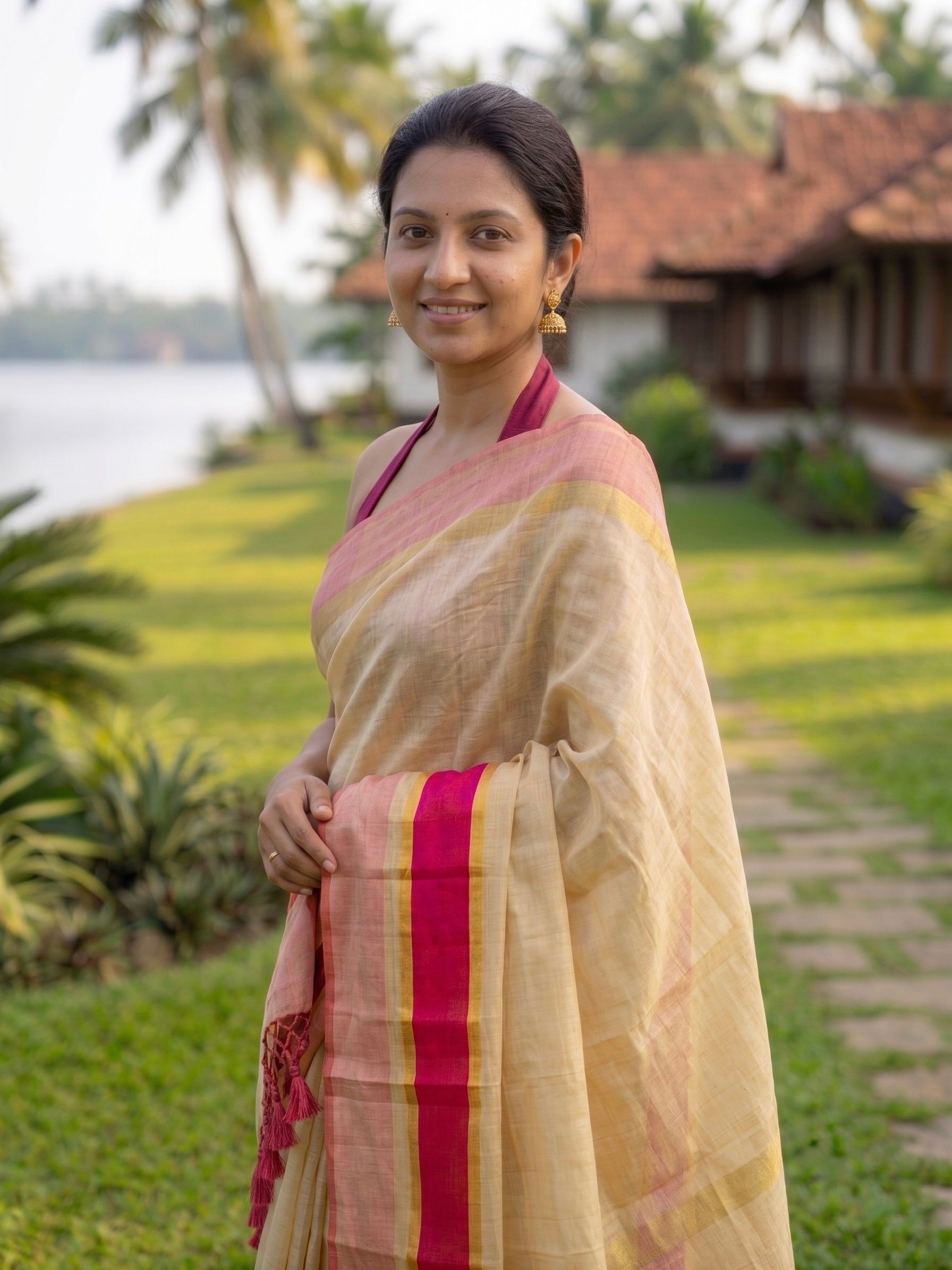 Kerala tissue saree with Pink Border