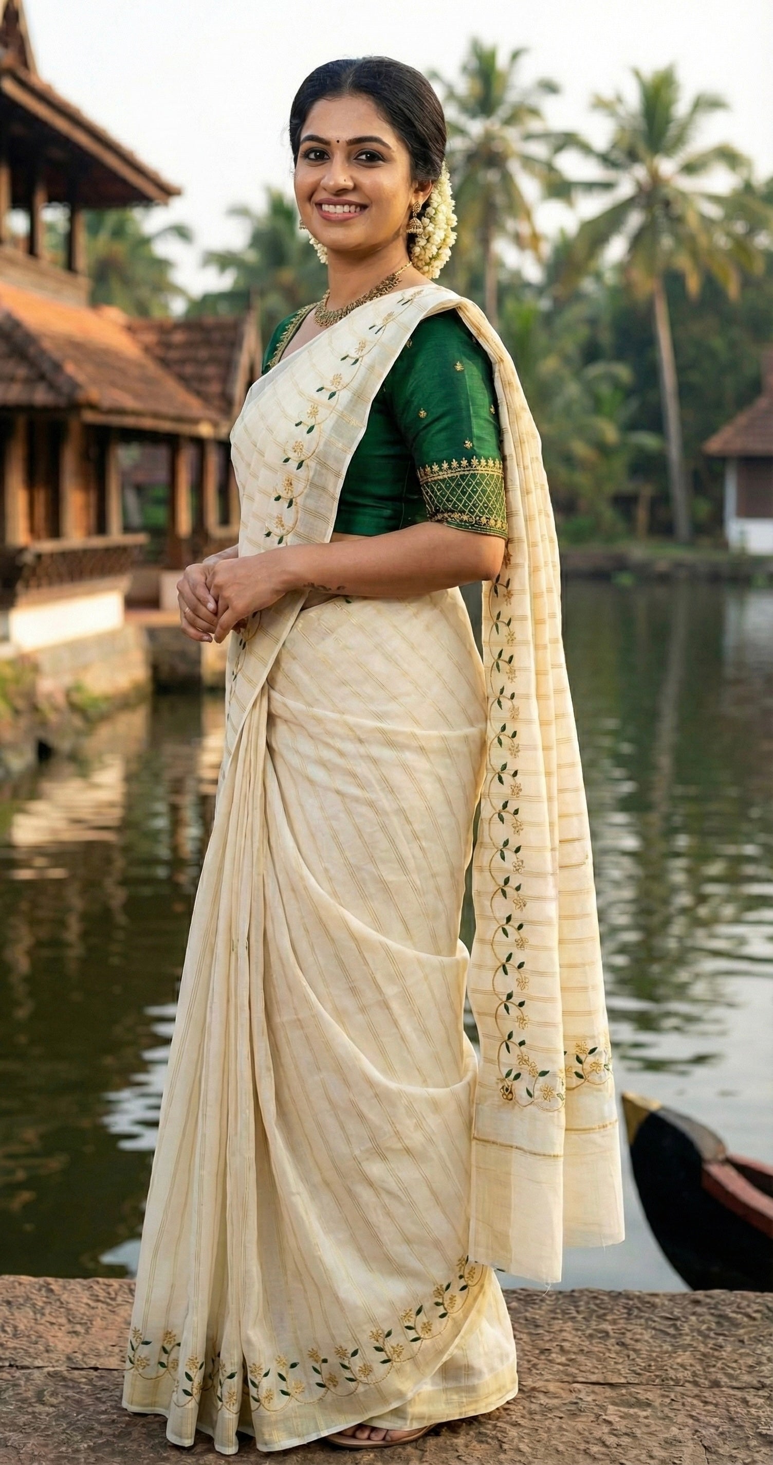 Kerala embroidered saree in gold stripes and thread work
