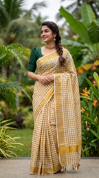 Kerala kasavu saree in gold checkered pattern