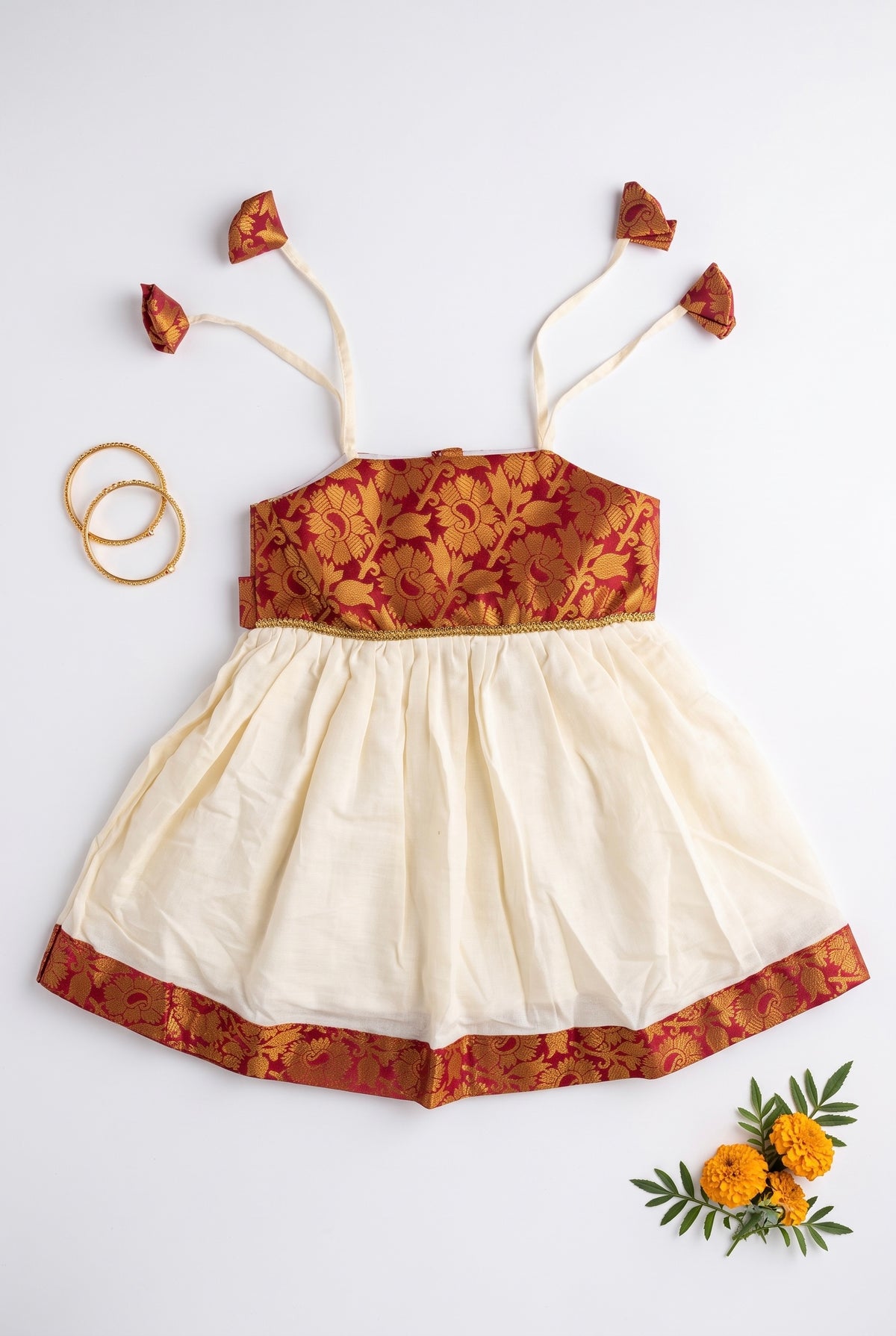 Roohi - Cotton and Brocade Red ethnic frock with tie for girls