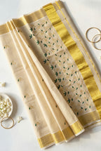 Kerala kasavu saree with gold zari and embroidery
