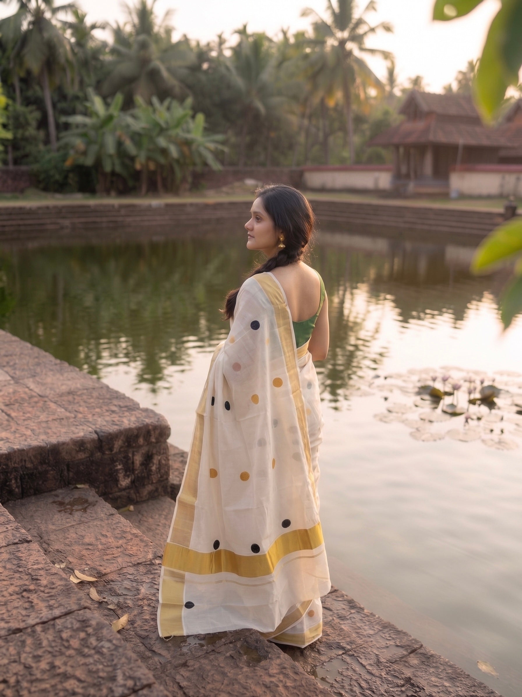 Kerala kasavu saree with printed polka dots