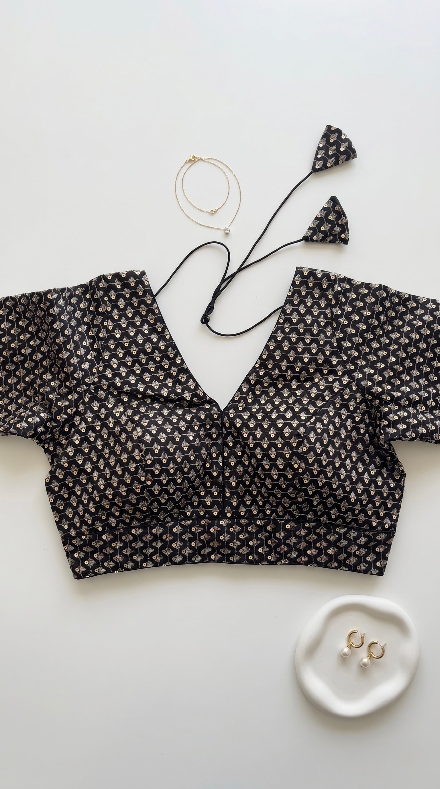 V-neck silk blouse with sequin and thread work