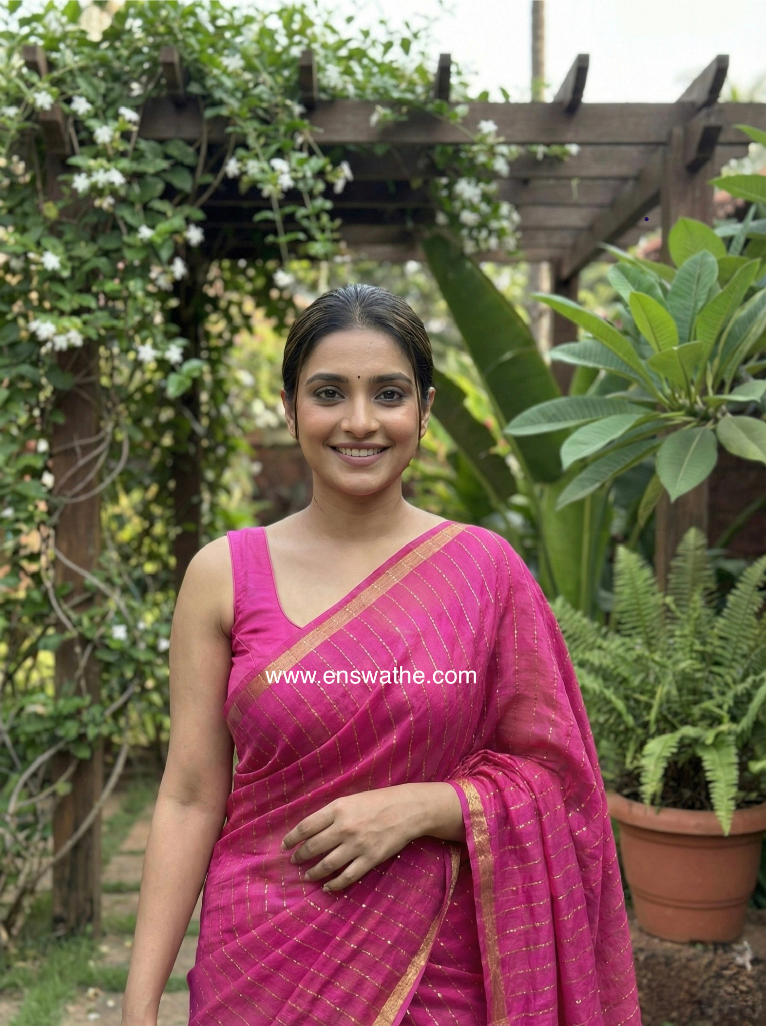 Cotton Silk Saree with gold zari stripes & sequin pallu